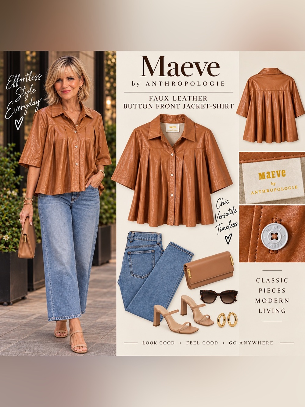 Maeve Anthropologie Tan Leather Faux Leather Button Front Jacket-Shirt/Medium